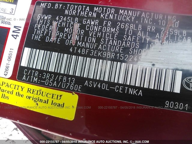4T4BF3EK9BR152245 - 2011 TOYOTA CAMRY SE/LE/XLE RED photo 9
