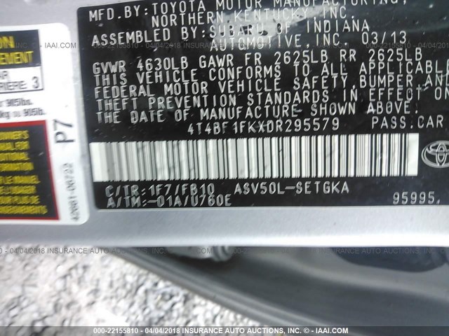 4T4BF1FKXDR295579 - 2013 TOYOTA CAMRY L/SE/LE/XLE 银色 照片 9