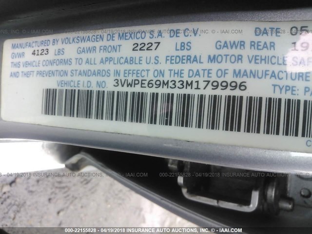 3VWPE69M33M179996 - 2003 VOLKSWAGEN JETTA WOLFSBURG 银色 照片 9