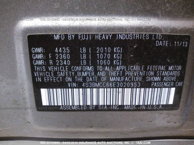 4S3BMCC66E3020953 - 2014 SUBARU LEGACY 2.5I PREMIUM SILVER photo 9