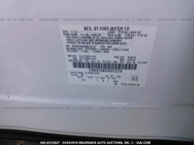 2FMGK5D8XDBD23218 - 2013 FORD FLEX LIMITED WHITE photo 9