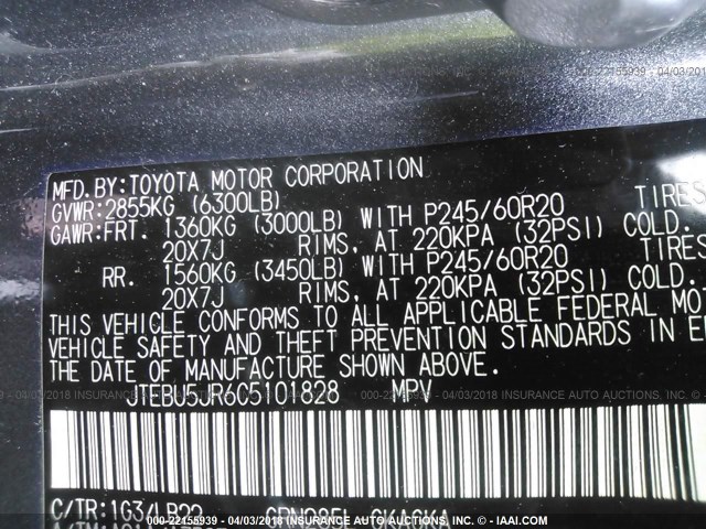 JTEBU5JR6C5101828 - 2012 TOYOTA 4RUNNER SR5/LIMITED/TRAIL GRAY photo 9