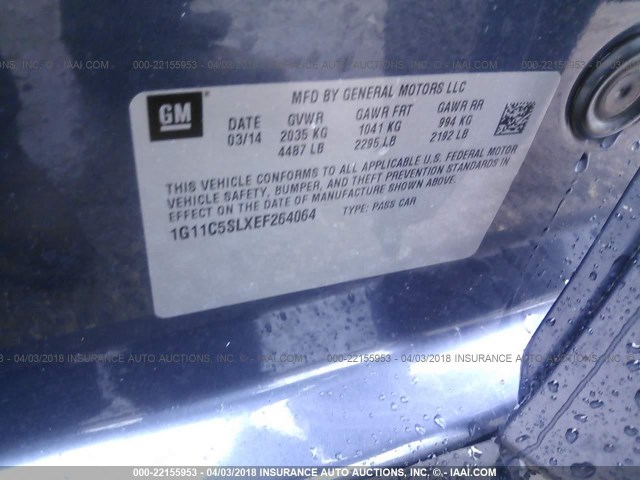 1G11C5SLXEF264064 - 2014 CHEVROLET MALIBU 1LT BLUE photo 9