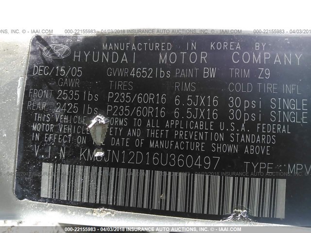 KM8JN12D16U360497 - 2006 HYUNDAI TUCSON GLS/LIMITED Champagne photo 9