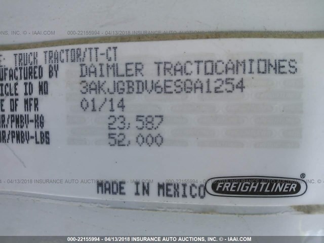 3AKJGBDV6ESGA1254 - 2014 FREIGHTLINER CASCADIA 113  WHITE photo 10