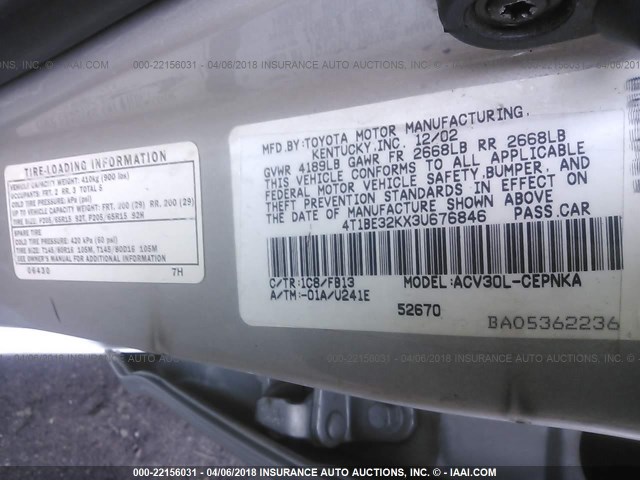 4T1BE32KX3U676846 - 2003 TOYOTA CAMRY LE/XLE/SE SILVER photo 9