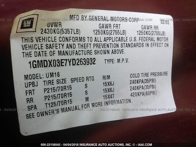 1GMDX03E7YD263932 - 2000 PONTIAC MONTANA RED photo 9