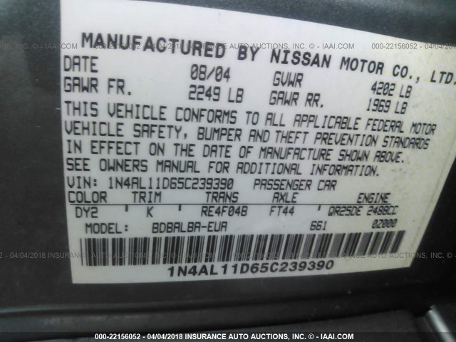 1N4AL11D65C239390 - 2005 NISSAN ALTIMA S/SL GREEN photo 9