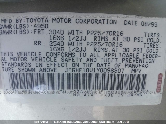 JT6HF10U1Y0098307 - 2000 LEXUS RX 300 TAN photo 9