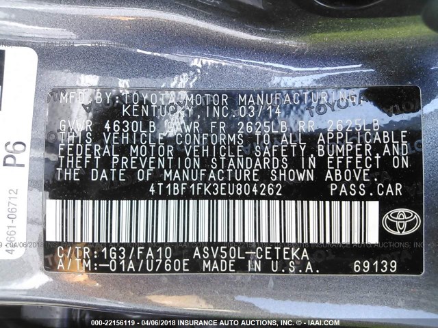 4T1BF1FK3EU804262 - 2014 TOYOTA CAMRY L/SE/LE/XLE 灰色 照片 9