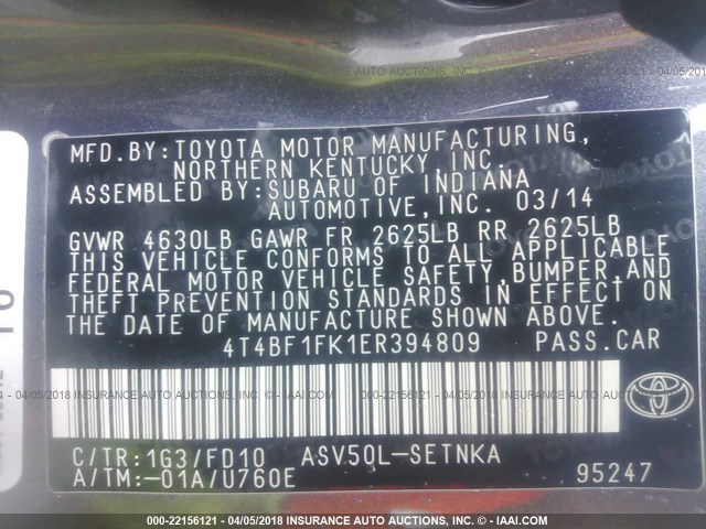 4T4BF1FK1ER394809 - 2014 TOYOTA CAMRY L/SE/LE/XLE 黑色 照片 9