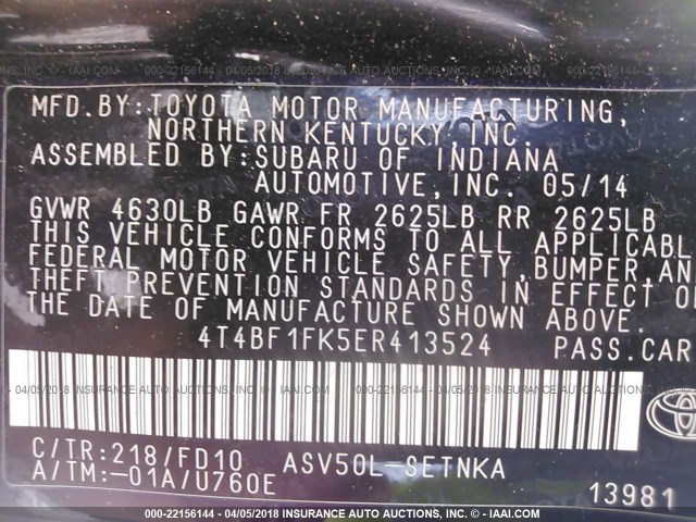 4T4BF1FK5ER413524 - 2014 TOYOTA CAMRY L/SE/LE/XLE BLACK photo 9