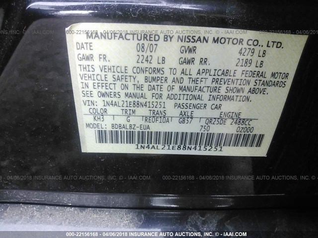 1N4AL21E88N415251 - 2008 NISSAN ALTIMA 2.5/2.5S BLACK photo 9