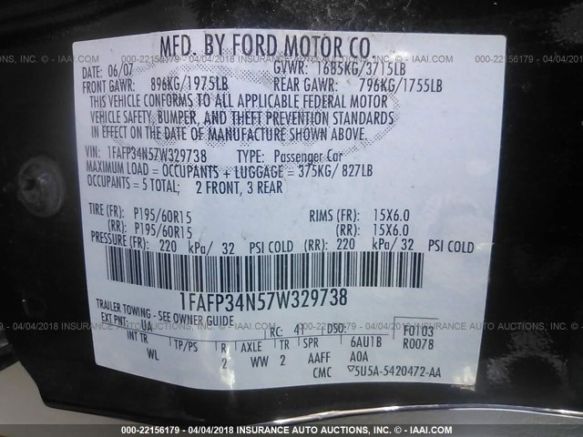 1FAFP34N57W329738 - 2007 FORD FOCUS ZX4/S/SE/SES BLACK photo 9