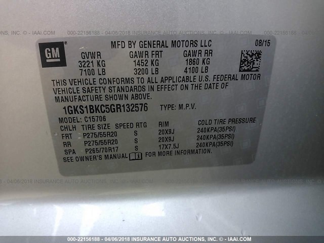 1GKS1BKC5GR132576 - 2016 GMC YUKON SLT SILVER photo 9