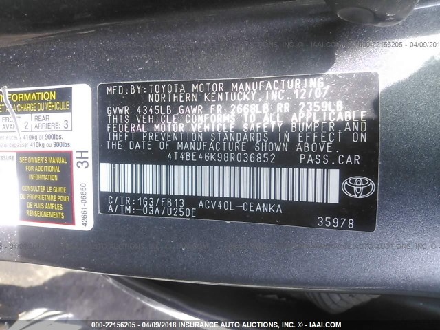 4T4BE46K98R036852 - 2008 TOYOTA CAMRY CE/LE/XLE/SE GRAY photo 9