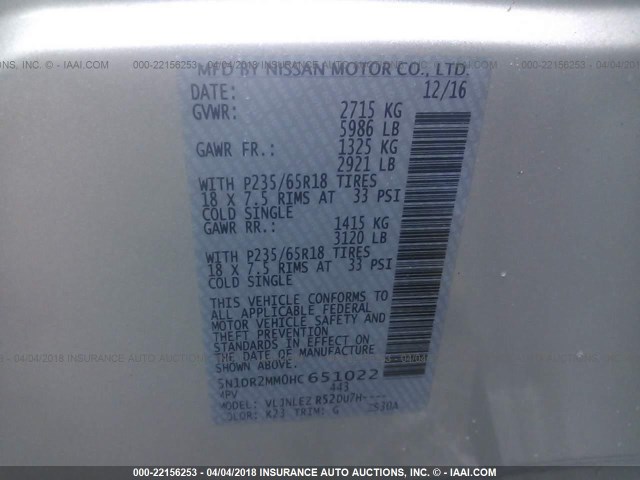 5N1DR2MM0HC651022 - 2017 NISSAN PATHFINDER S/SV/SL/PLATINUM 银色 照片 9