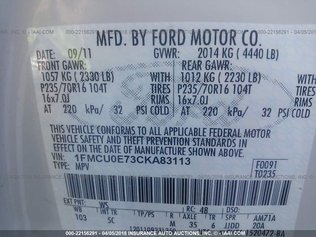 1FMCU0E73CKA83113 - 2012 FORD ESCAPE LIMITED WHITE photo 9