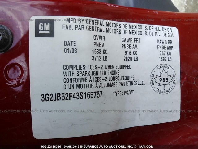 3G2JB52F43S165757 - 2003 PONTIAC SUNFIRE SL/SLX RED photo 9