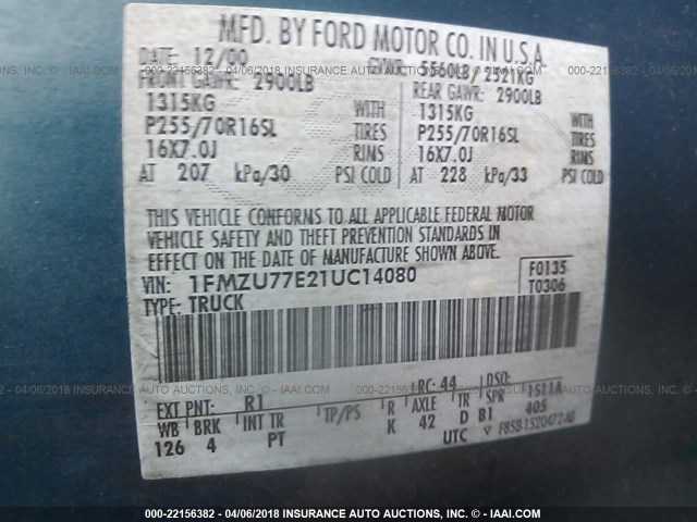 1FMZU77E21UC14080 - 2001 FORD EXPLORER SPORT TR  BLUE photo 9