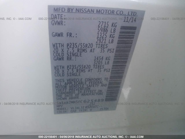 5N1AR2MN5FC625489 - 2015 NISSAN PATHFINDER S/SV/SL/PLATINUM 白色 照片 9