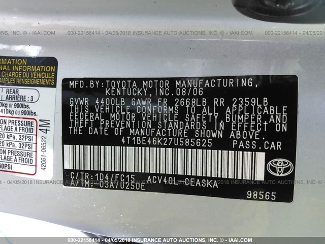 4T1BE46K27U585625 - 2007 TOYOTA CAMRY NEW GENERAT CE/LE/XLE/SE SILVER photo 9