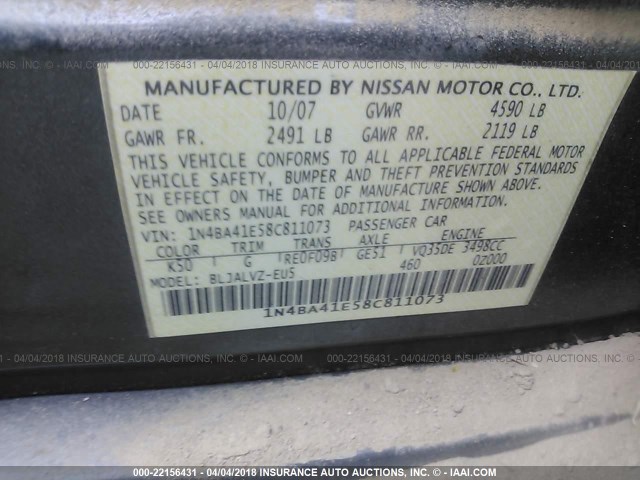 1N4BA41E58C811073 - 2008 NISSAN MAXIMA SE/SL GRAY photo 9