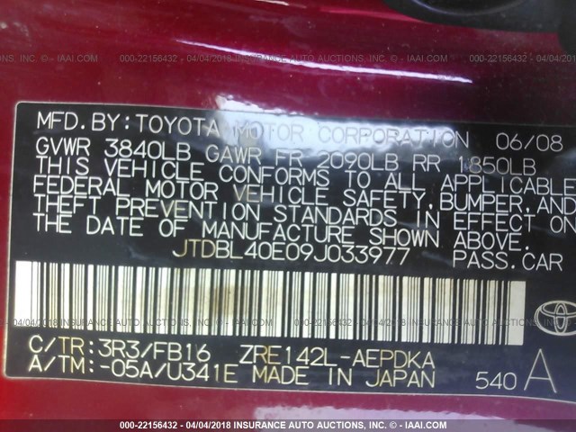 JTDBL40E09J033977 - 2009 TOYOTA COROLLA LE/XLE RED photo 9