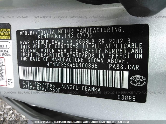 4T1BE32K45U100866 - 2005 TOYOTA CAMRY LE/XLE/SE SILVER photo 9