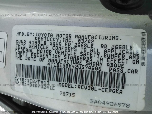 4T1BE30K42U574606 - 2002 TOYOTA CAMRY LE/XLE/SE 银色 照片 9