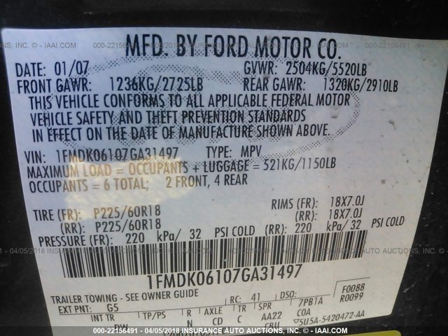 1FMDK06107GA31497 - 2007 FORD FREESTYLE LIMITED GRAY photo 9