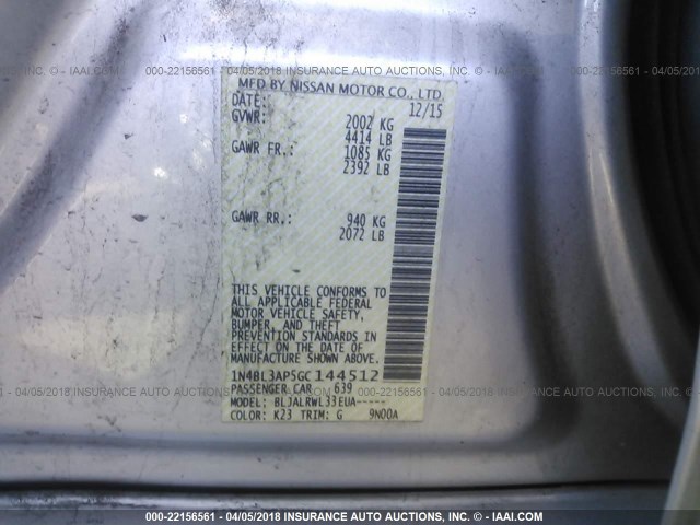 1N4BL3AP5GC144512 - 2016 NISSAN ALTIMA 3.5SL/3.5 SR SILVER photo 9