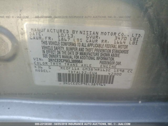 3N1CE2CP9EL389964 - 2014 NISSAN VERSA NOTE S/S PLUS/SV/SL GRAY photo 9