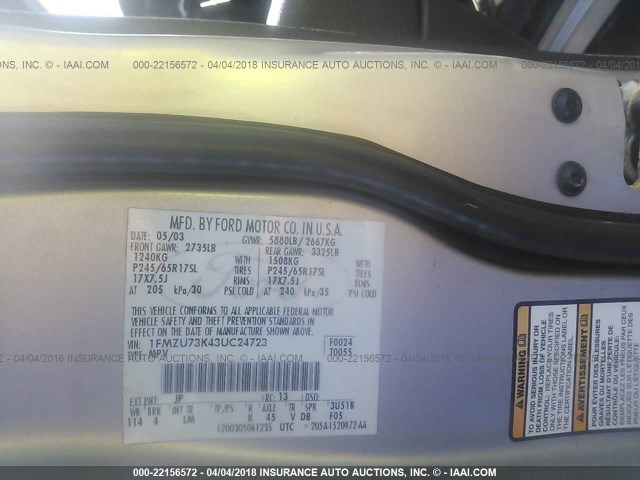 1FMZU73K43UC24723 - 2003 FORD EXPLORER XLT/XLT SPORT/NBX SILVER photo 9