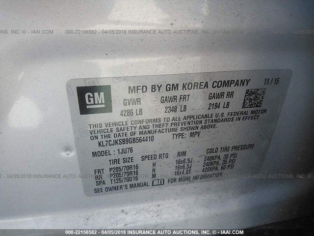 KL7CJKSB9GB564410 - 2016 CHEVROLET TRAX LS SILVER photo 9