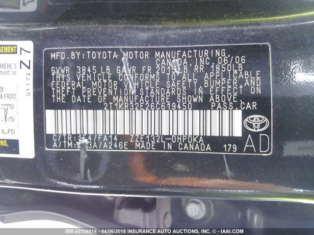 2T1KR32E26C619450 - 2006 TOYOTA COROLLA MATRIX XR BLACK photo 9