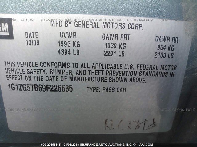 1G1ZG57B69F226635 - 2009 CHEVROLET MALIBU LS 绿色 照片 9