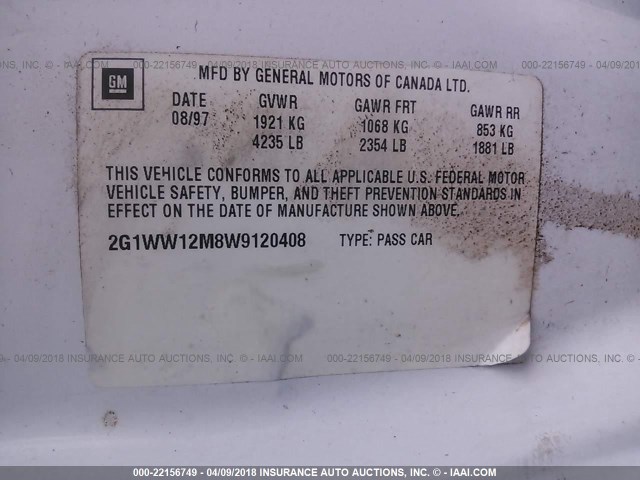 2G1WW12M8W9120408 - 1998 CHEVROLET MONTE CARLO LS 白色 照片 9