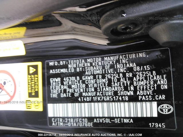 4T4BF1FK7GR517418 - 2016 TOYOTA CAMRY LE/XLE/SE/XSE შავი ფოტო 9