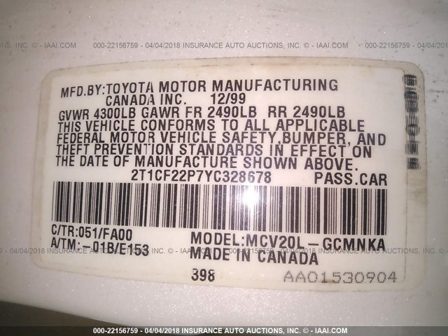 2T1CF22P7YC328678 - 2000 TOYOTA CAMRY SOLARA SE/SLE WHITE photo 9