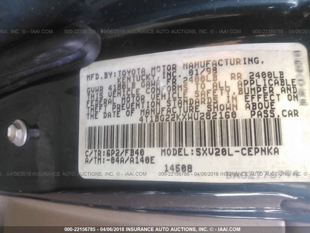 4T1BG22KXWU282160 - 1998 TOYOTA CAMRY CE/LE/XLE 绿色 照片 9
