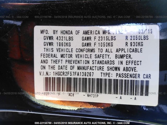 1HGCR2F57FA138267 - 2015 HONDA ACCORD SPORT 黑色 照片 9