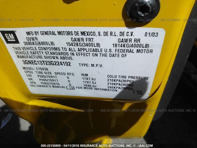 3GNEC13T23G224192 - 2003 CHEVROLET AVALANCHE C1500 YELLOW photo 9