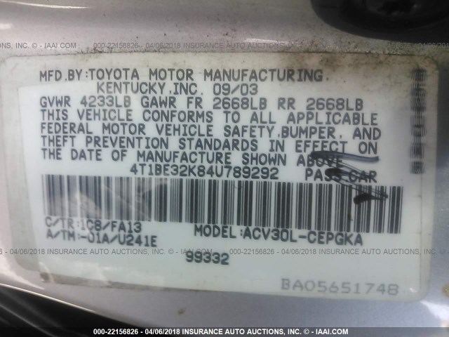 4T1BE32K84U789292 - 2004 TOYOTA CAMRY LE/XLE/SE 银色 照片 9