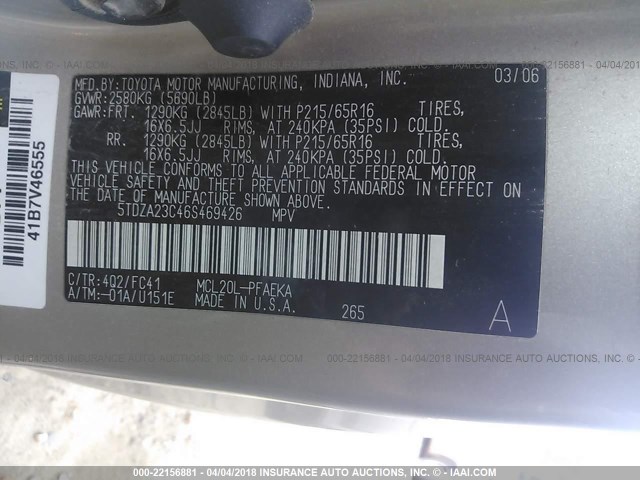 5TDZA23C46S469426 - 2006 TOYOTA SIENNA CE/LE GOLD photo 9