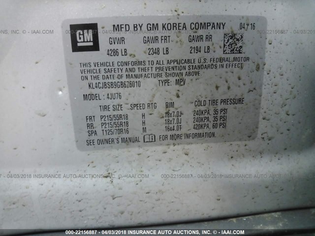 KL4CJBSB9GB676010 - 2016 BUICK ENCORE CONVENIENCE 银色 照片 9