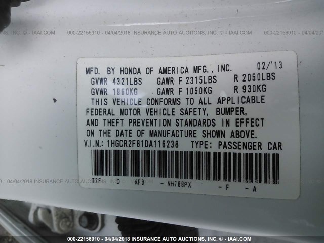 1HGCR2F81DA116238 - 2013 HONDA ACCORD EXL WHITE photo 9