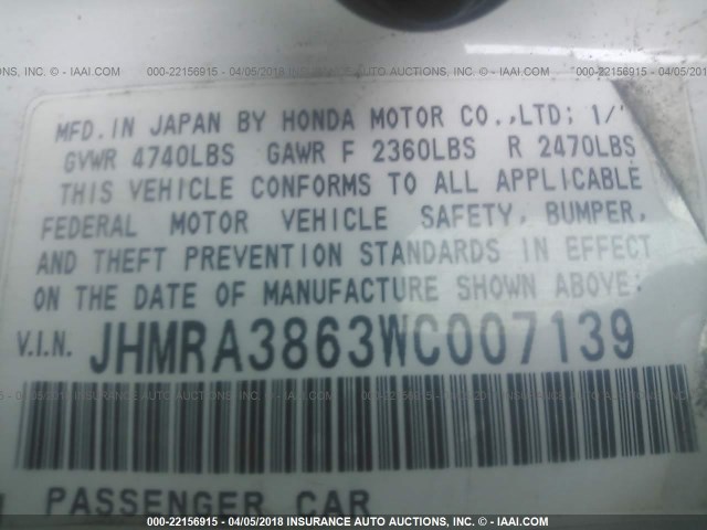 JHMRA3863WC007139 - 1998 HONDA ODYSSEY LX/EX WHITE photo 9