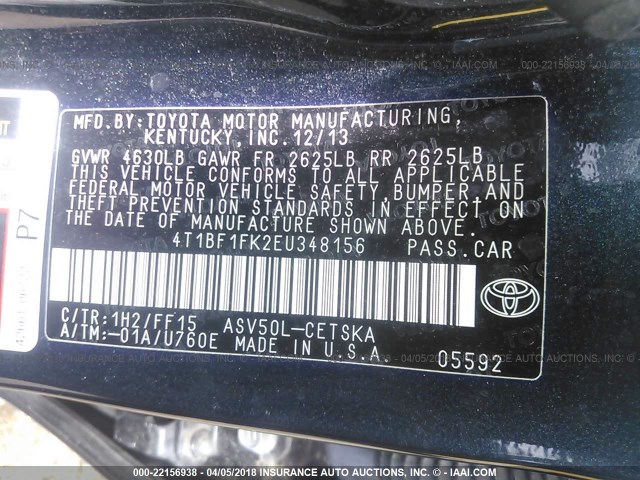 4T1BF1FK2EU348156 - 2014 TOYOTA CAMRY L/SE/LE/XLE Navy photo 9