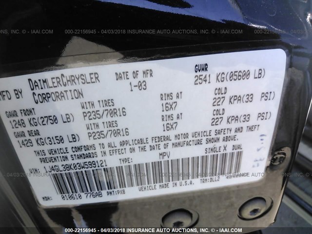 1J4GL38K03W599121 - 2003 JEEP LIBERTY RENEGADE BLACK photo 9